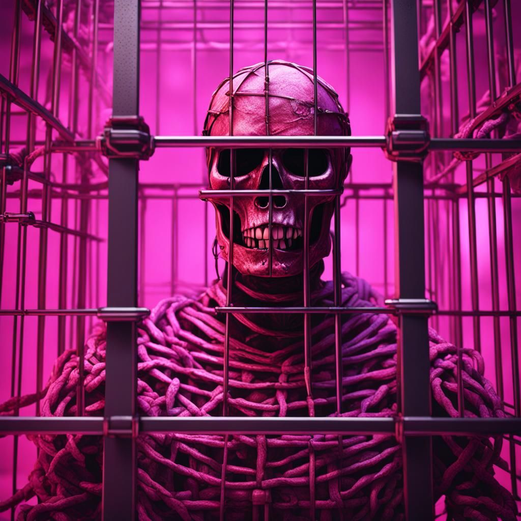 Mummified Figure Captive in Steel Cage