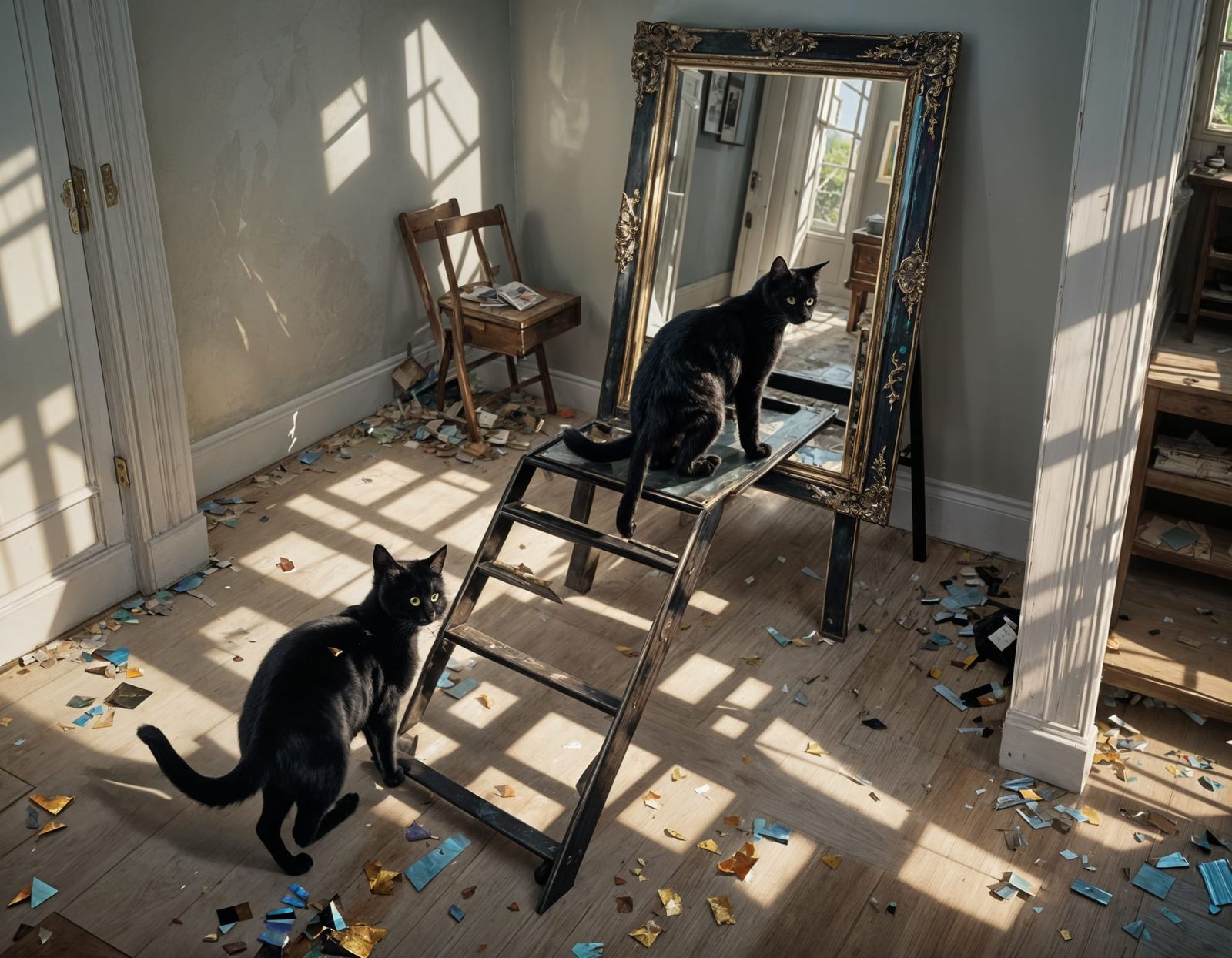 Black Cat, Ladder, and Falling Mirror