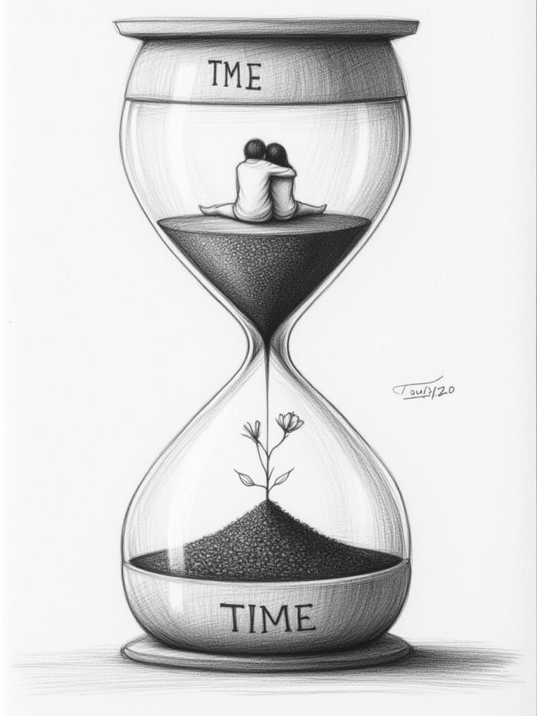 Surreal Pencil Drawing of Time as Intimate Embrace