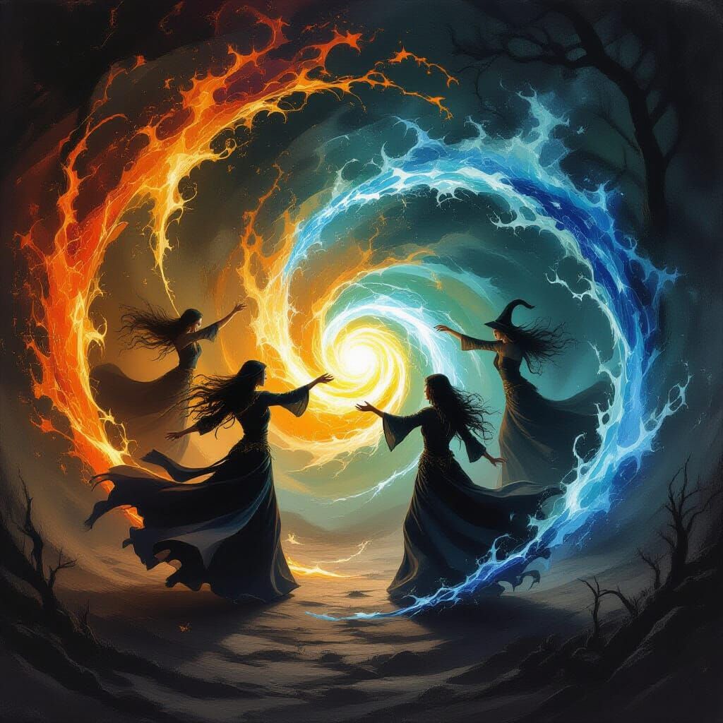 Witches Ritual of Elements in Dark Fantasy Style