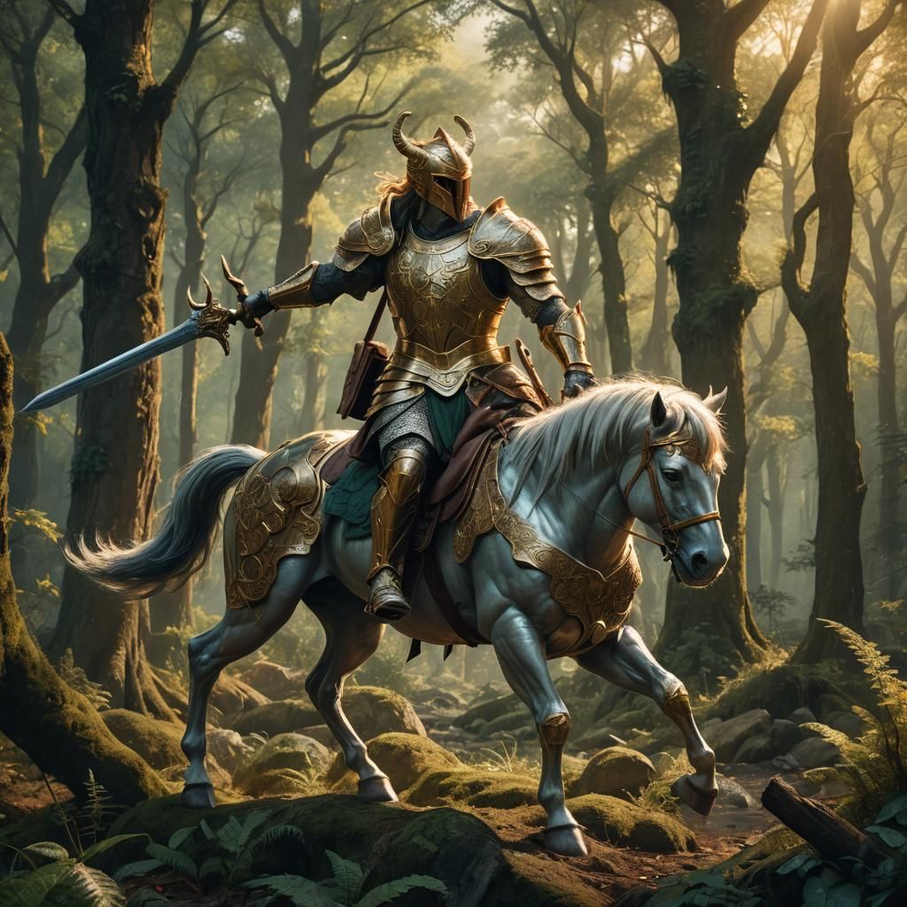 Armored Centaur in Ancient Forest, Digital Art
