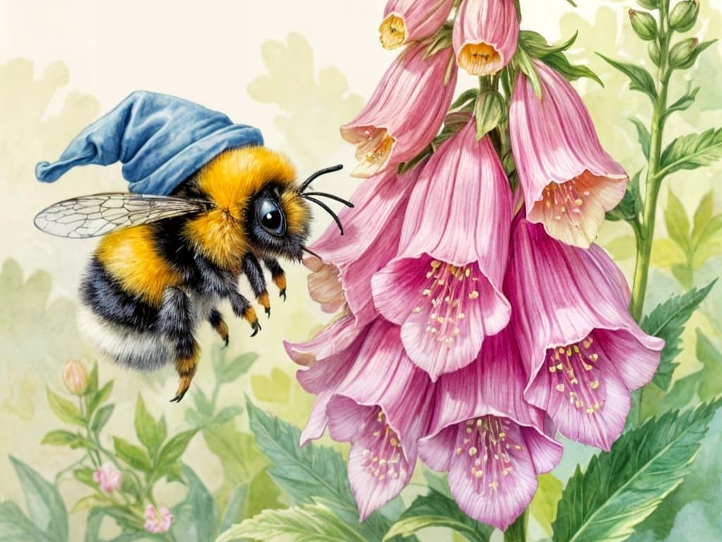 Cartoon Bee in Foxglove, Watercolour Painting