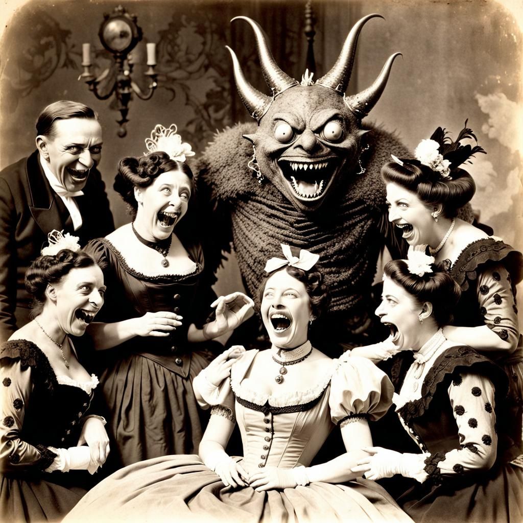 Nightmarish Sepia Photo of Monster with Victorian Ladies