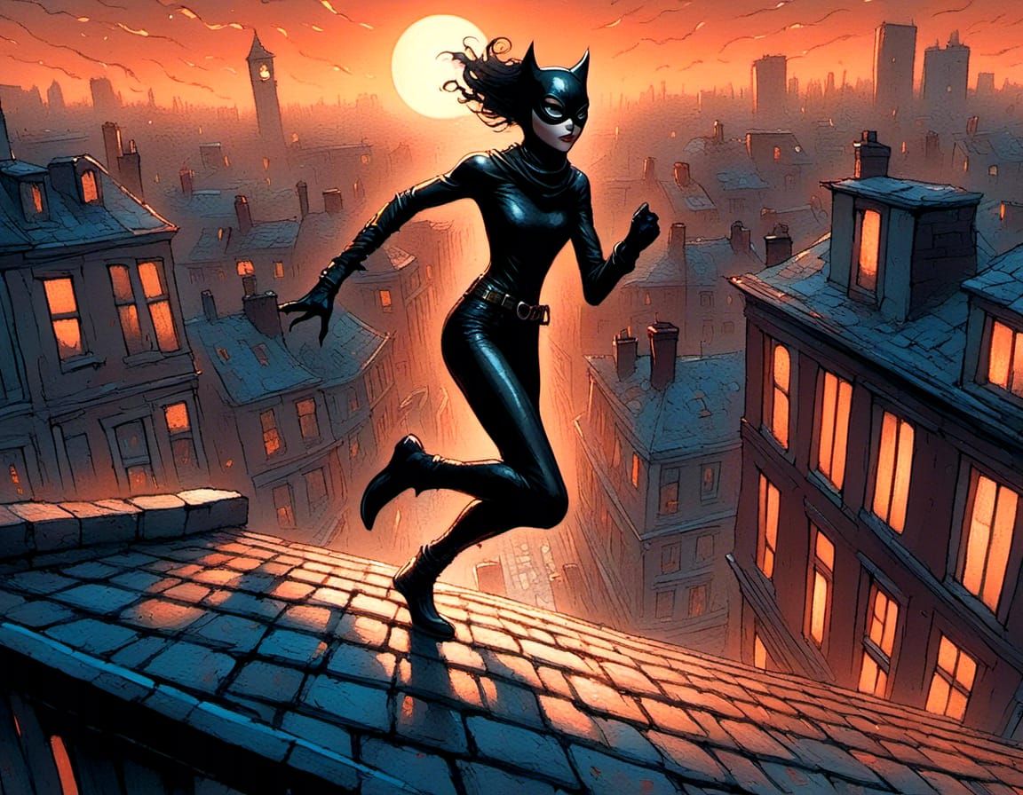 Catwoman on Rooftop at Sunset: Comic Book Art