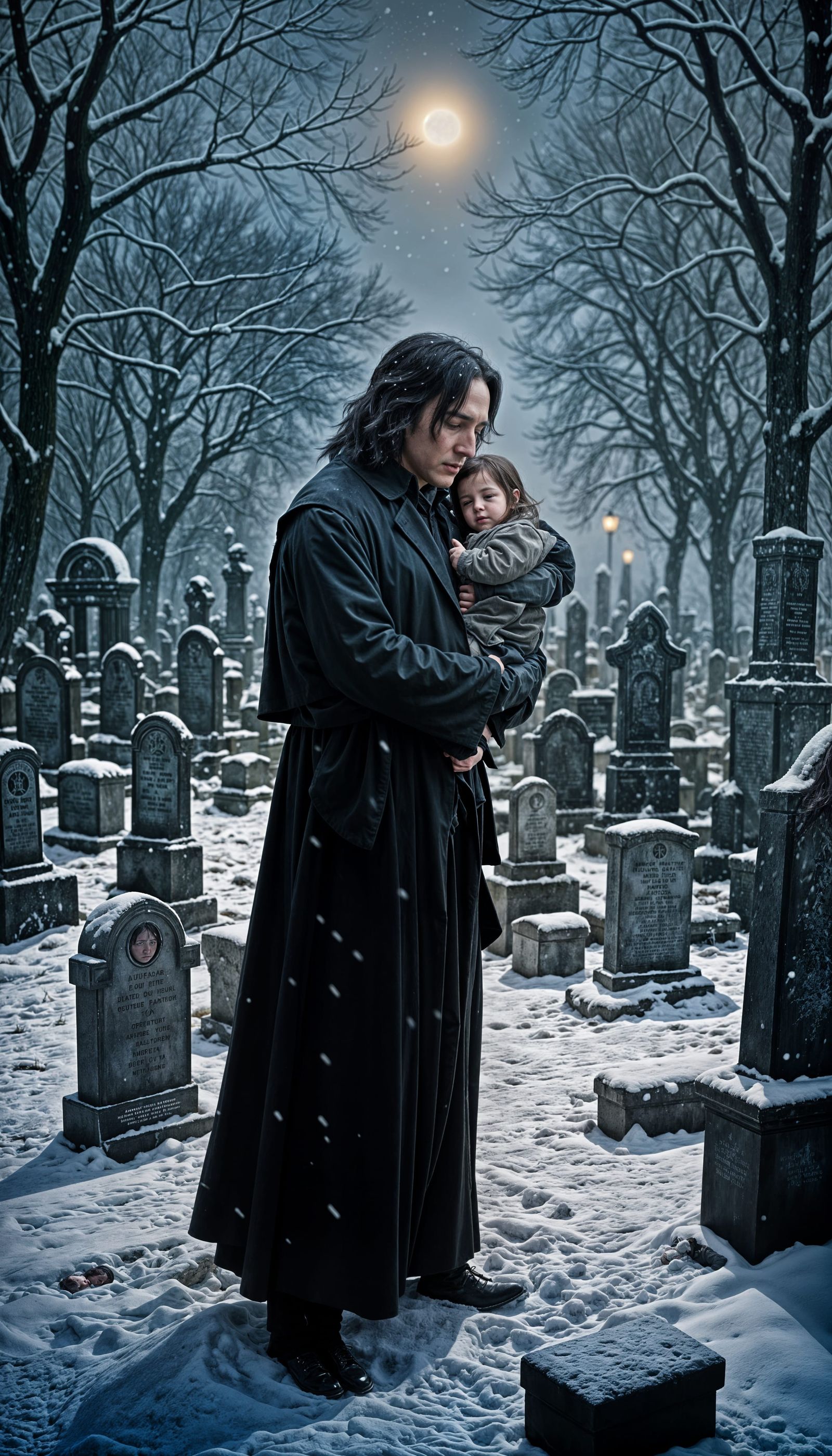 Snape Holding Baby in Snowy Cemetery