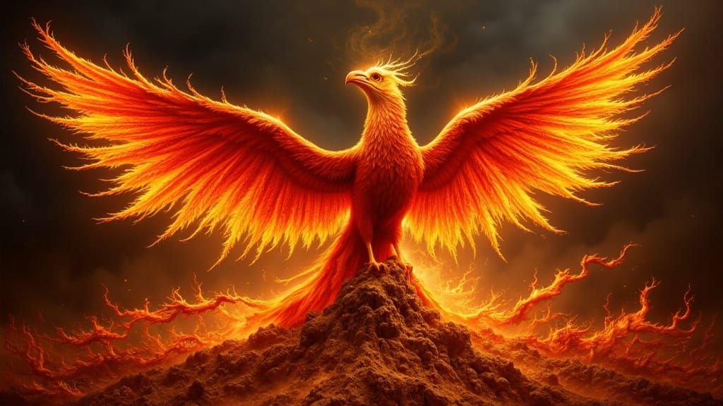 Majestic Phoenix Rising from Ashes in Fiery Digital Art
