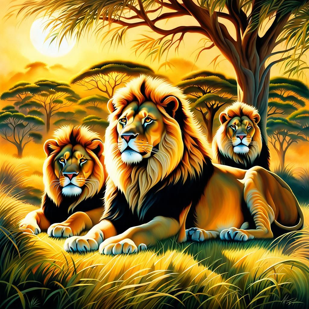 Lions Gathering in Sun-Dappled Savannah, Toanlism Airbrush A...