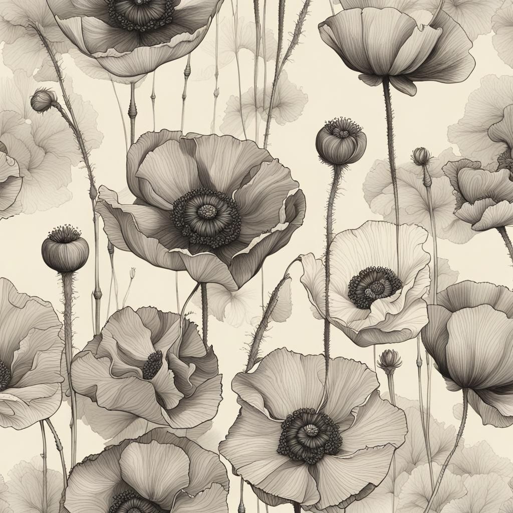 Breadseed Poppies Ink Drawings