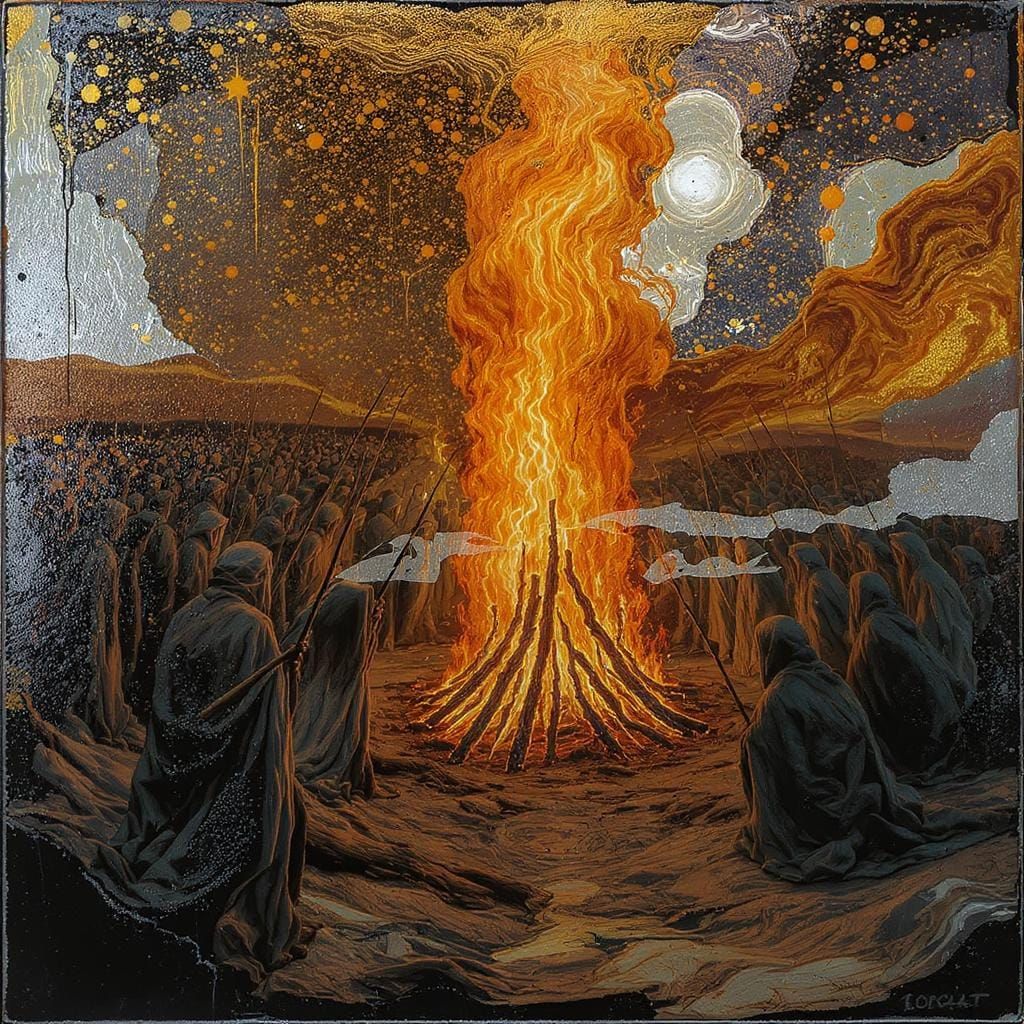 Surreal Witch Burning Cult in Impasto Jewel Tones
