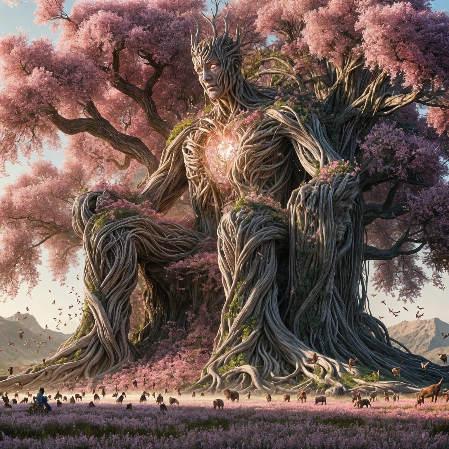 Arboreal Humanoid on Branch Throne with Blossoms