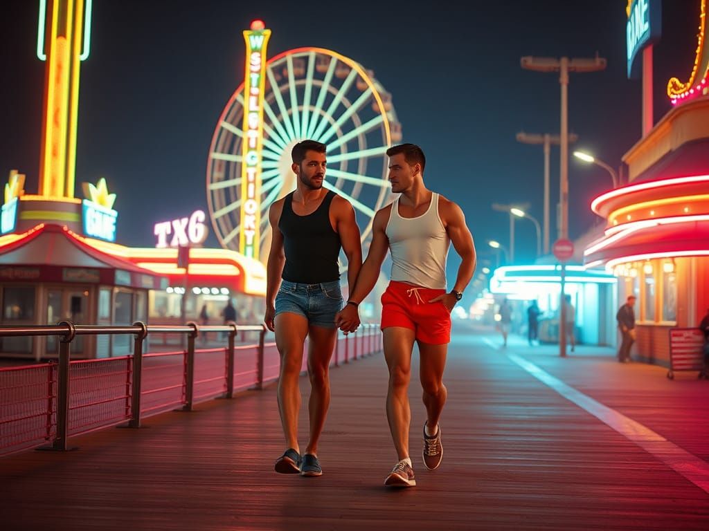 Vintage Boardwalk Scene with Neon Lights in Vaporwave Style