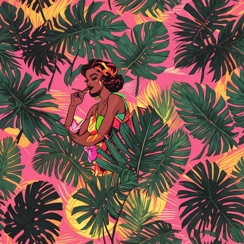 Miami Sunset Neon Pin-Up Illustration