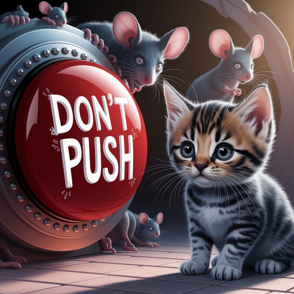 Whimsical Kitten Contemplates Red Button in Enchanted Land