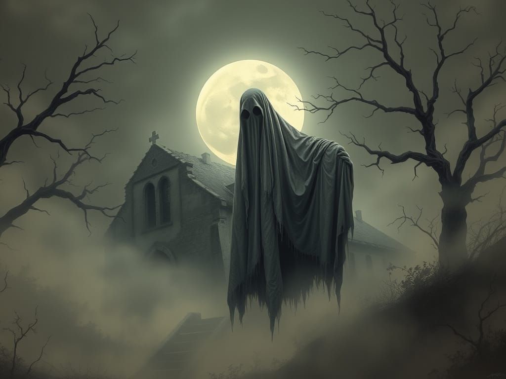 Ethereal Ghost Shrouds Crumbling Church in Misty, Lunar Glow