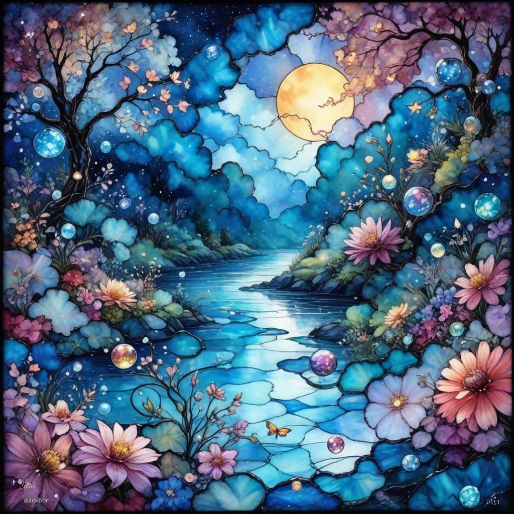 Kaleidoscope Garden Reflection in Anime Realism Style