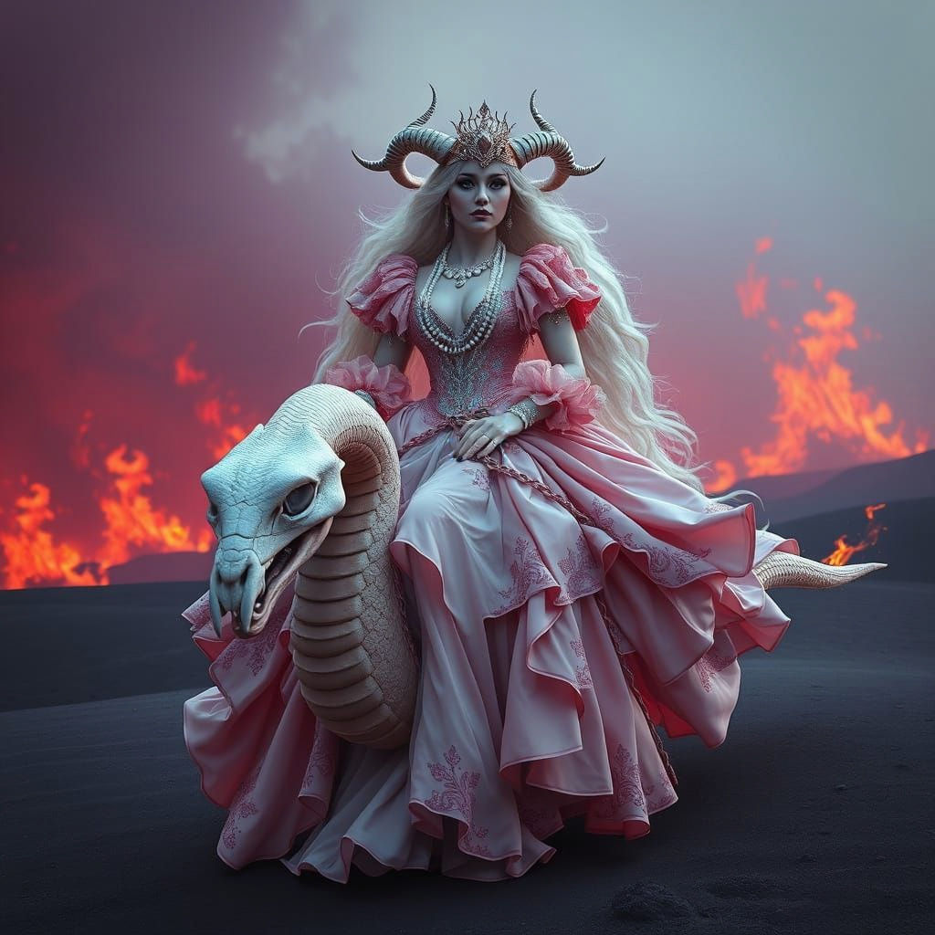 Baroque Woman with Burning Horns in Desert