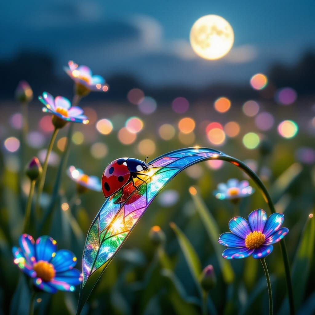 Surreal Stained Glass Ladybug in Moonlit Garden