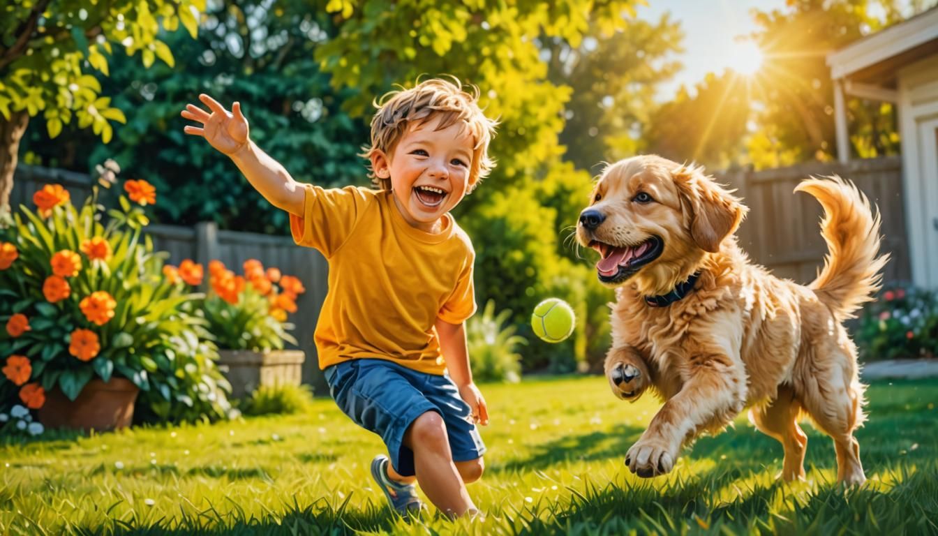 Boy and Puppy Play: Hyperrealistic Splash Art