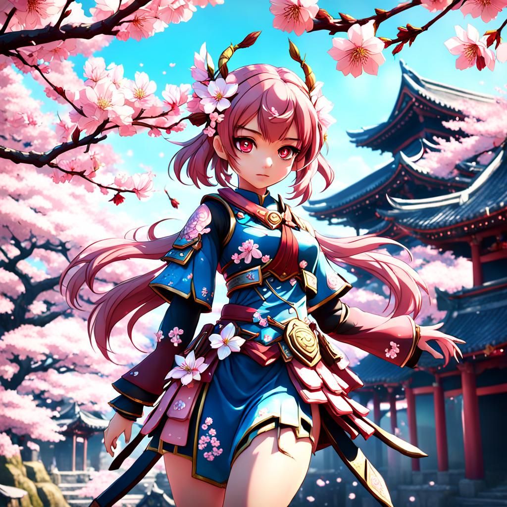 Anime Cherry Blossom Guardian Girl in Detailed Painting
