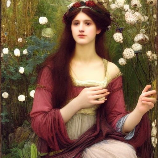 Mysterious Maiden by River in Pre-Raphaelite Style