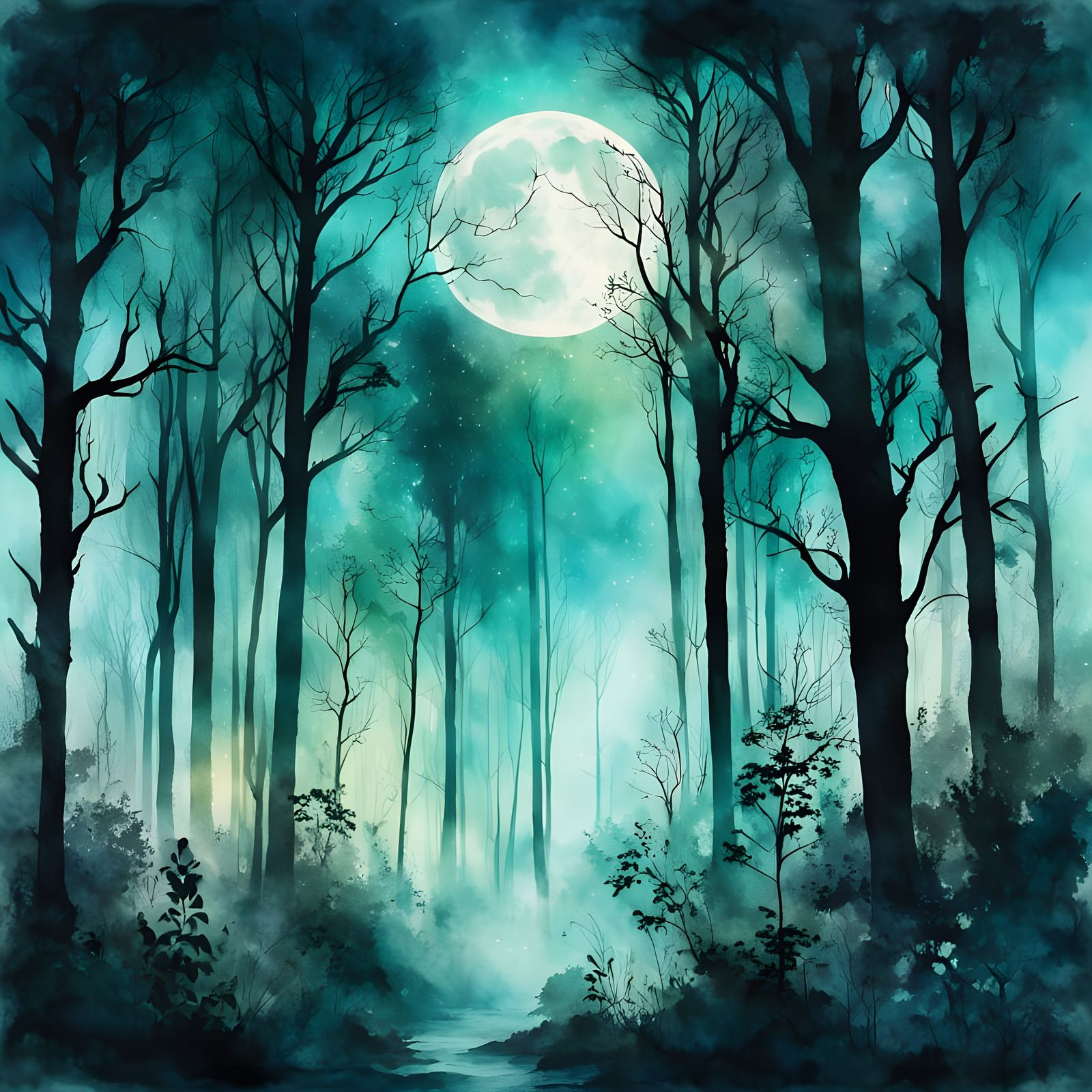 Dreamy Watercolor Forest Under Giant Moon