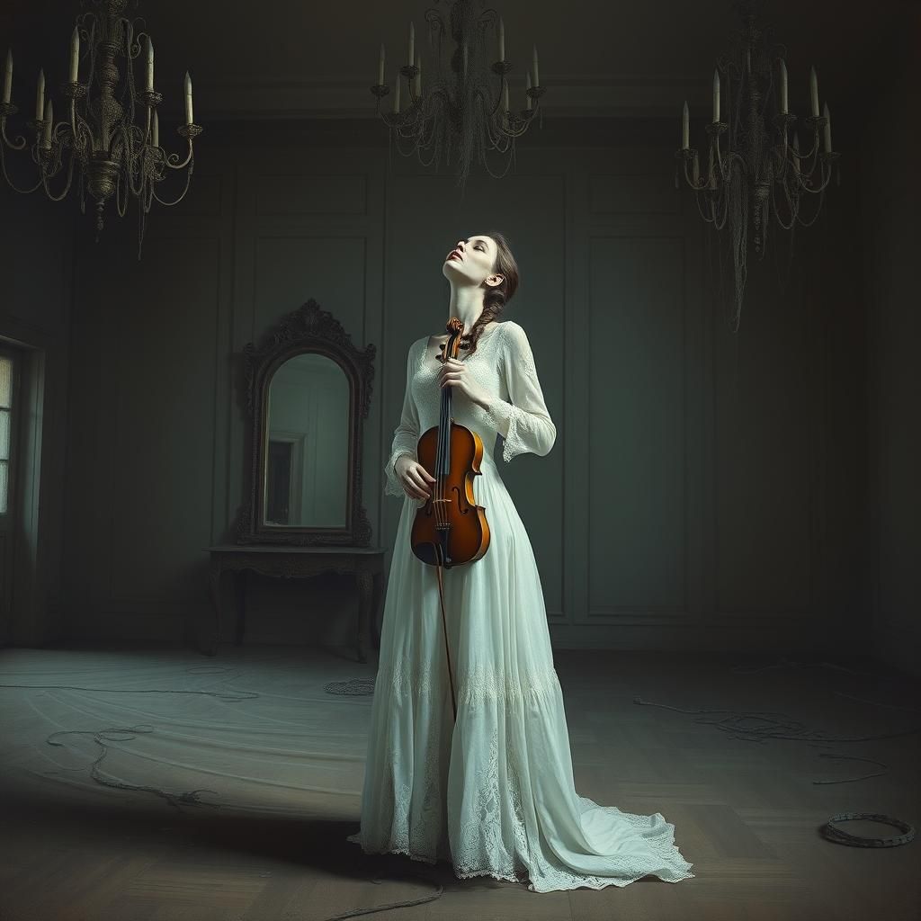 Melancholic Woman in Abandoned Ballroom: Nostalgic Image