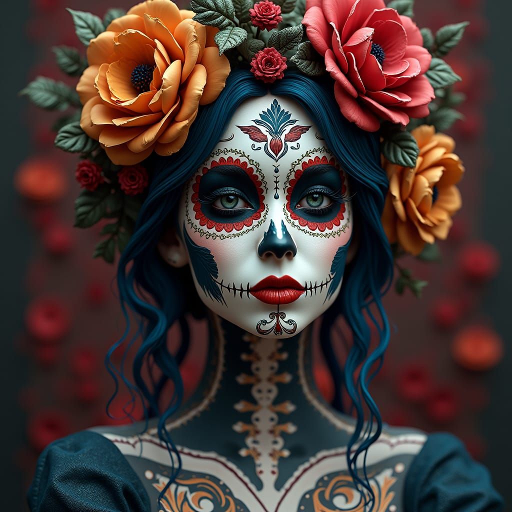 Goth Pinup with Sugar Skull Face in Matte Painting Style