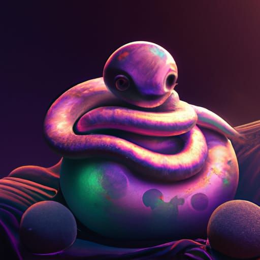 Iridescent Baby Snake on Cushion: 3D Digital Art