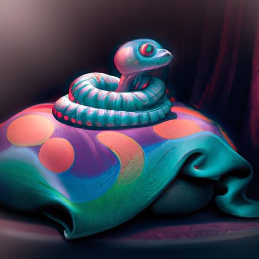 Iridescent Baby Snake on Cushion: 3D Digital Art