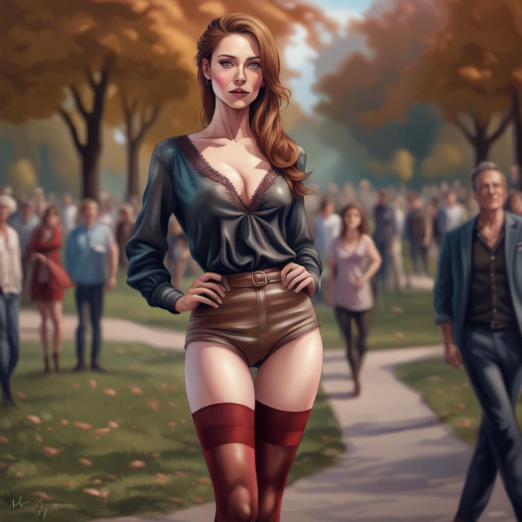 Detailed Portrait of Woman in Park, Hyperdetailed Art