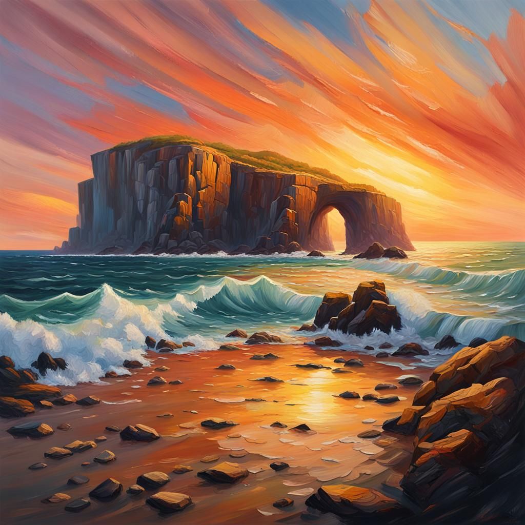 Coastal Sunset Oil Painting in Golden Light