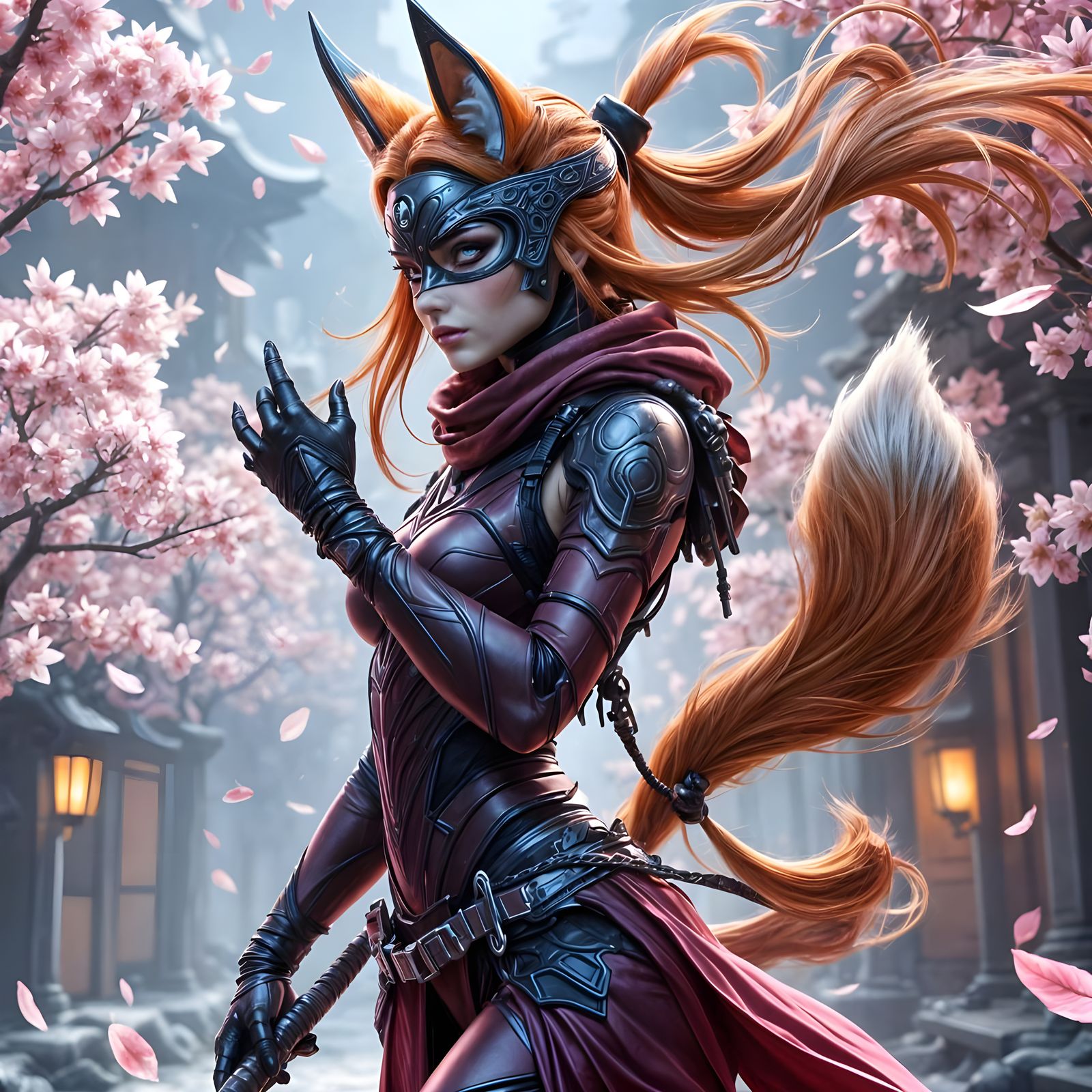 Cyberpunk Ninja Fox Woman in Dojo, Hyperdetailed Painting