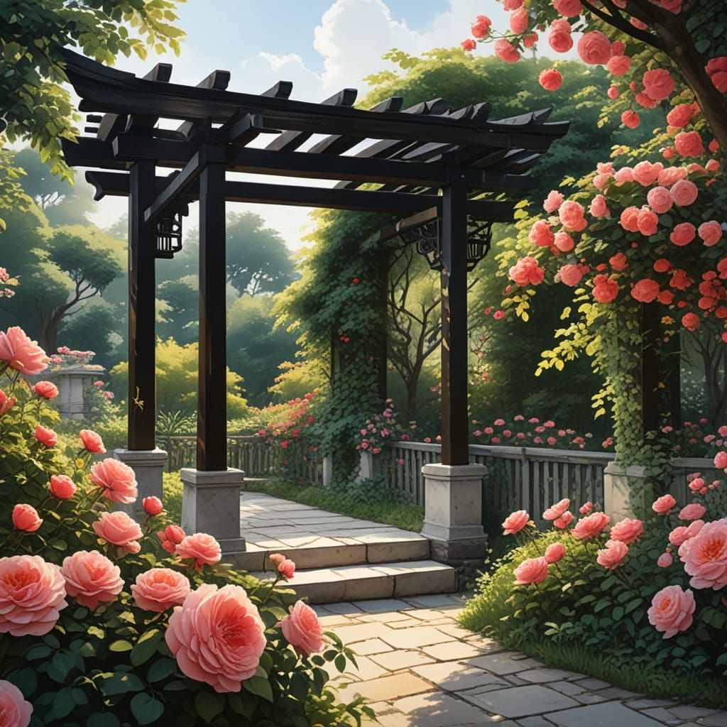 Surreal Anime Pergola with Blooming Roses in a Serene Garden