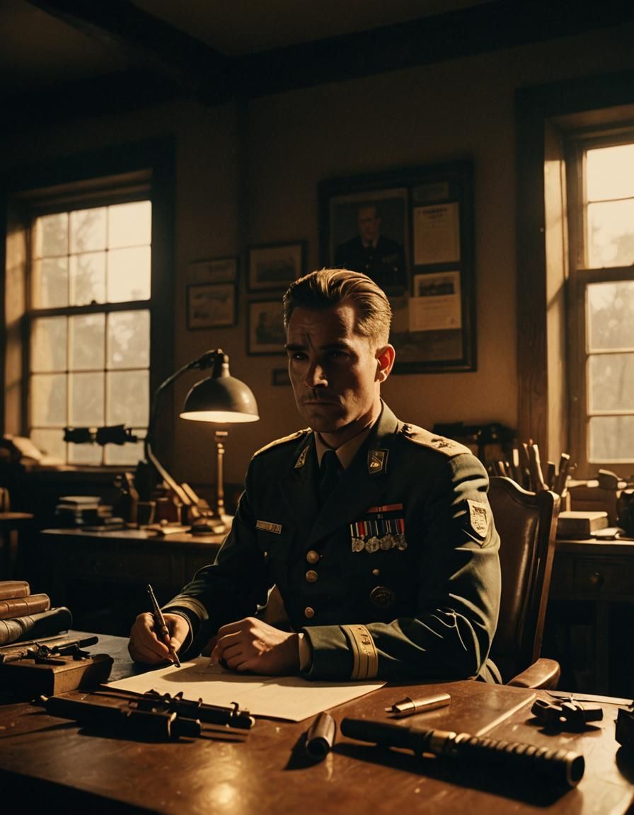 Dramatic Film Still of Officer in Uniform