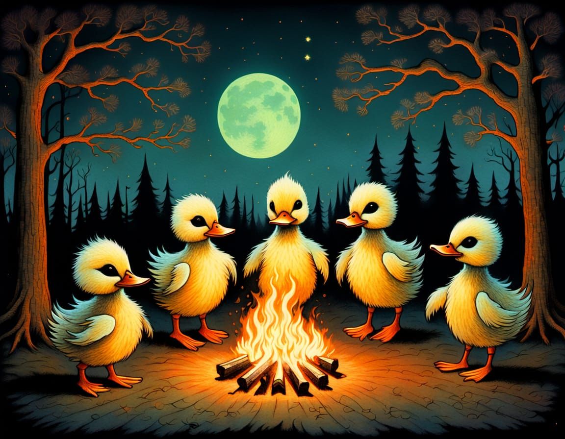 Ducklings' Spooky Bonfire Dance, Surreal Spirits Rising