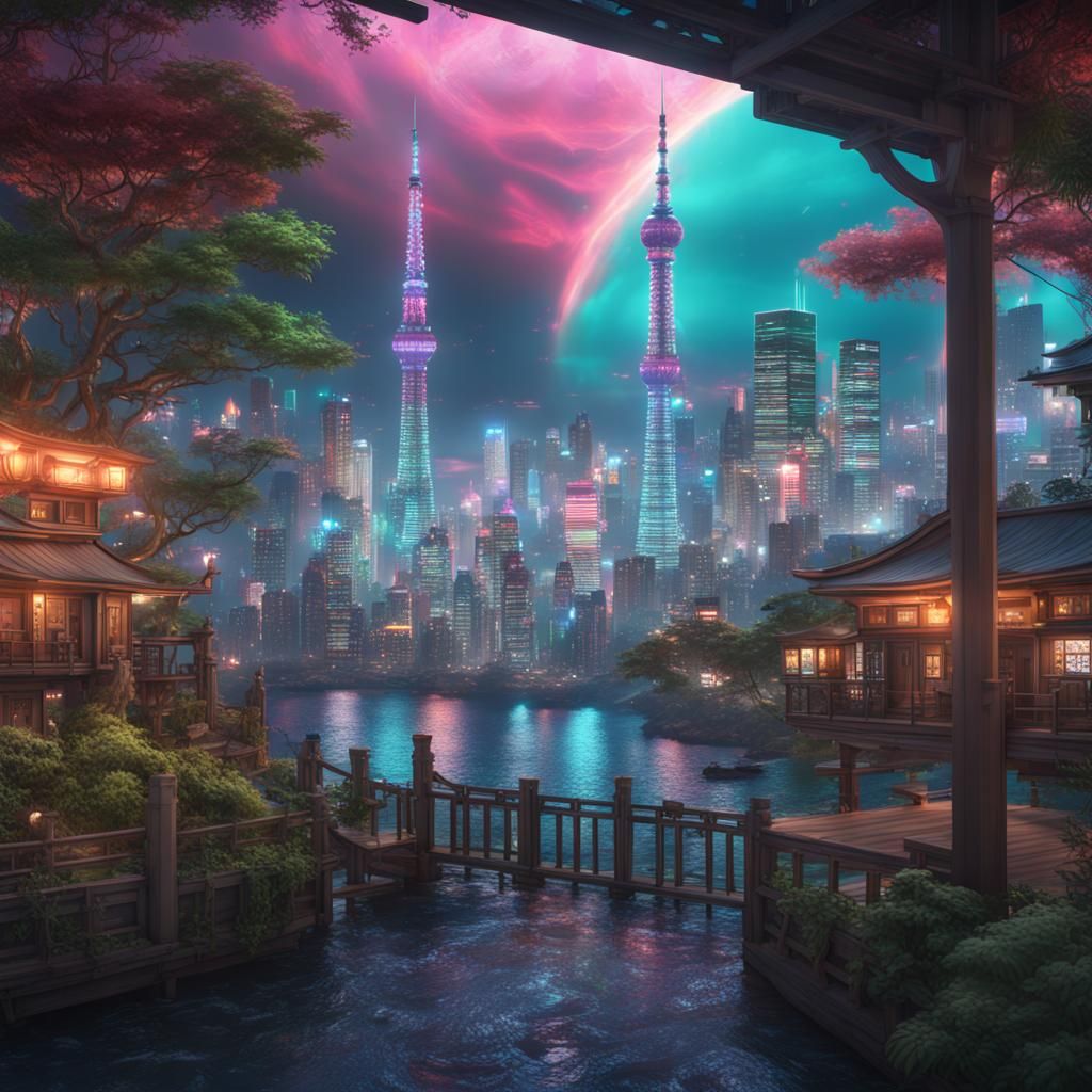 Holographic Tokyo on Caribbean Island: Detailed Matte Painti...