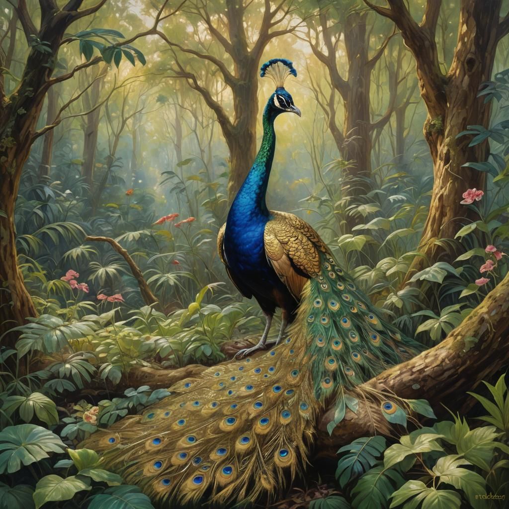 Golden Peacock in Fairy Forest, Oil Painting