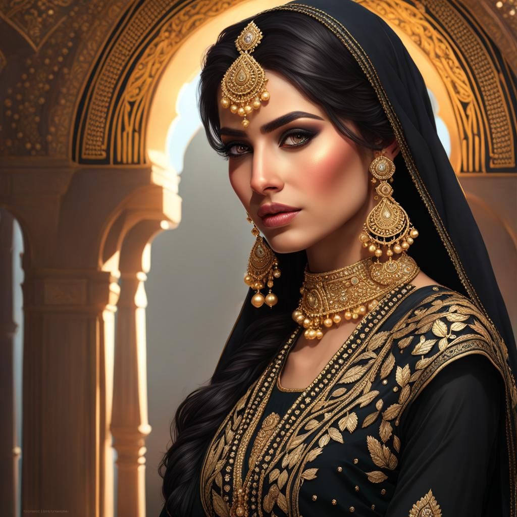 Pakistani Woman in Black and Gold Salwar Kameez