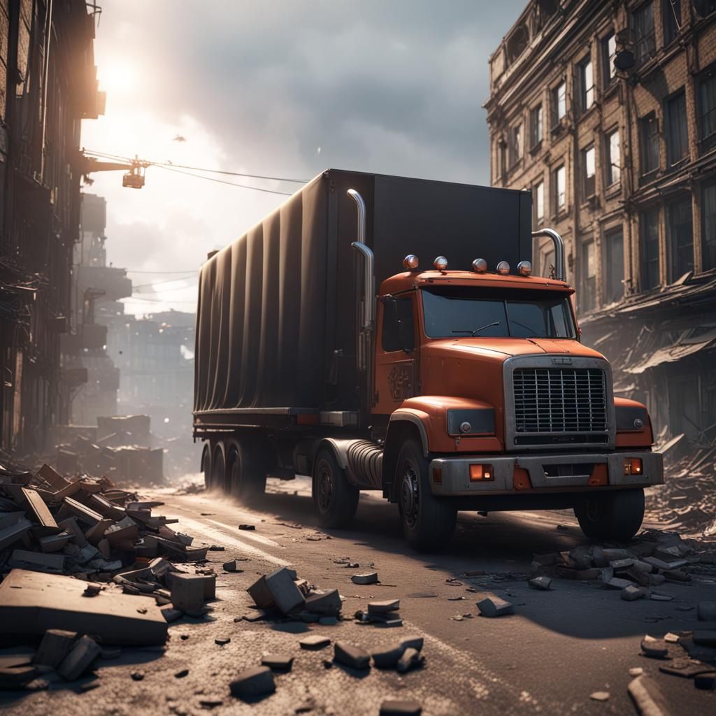 Truck Carries People Through Bombed City: 3D Render