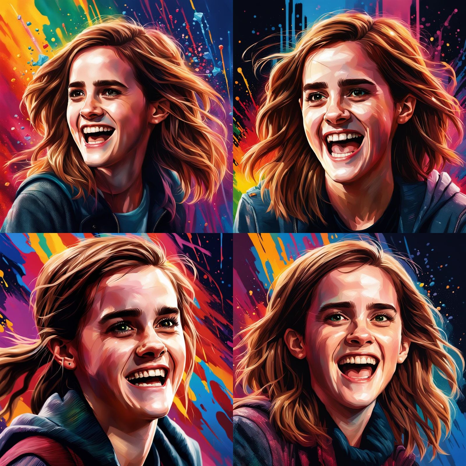 Hermoine Granger Laughing, Hyperrealistic Splash Art Portrai...
