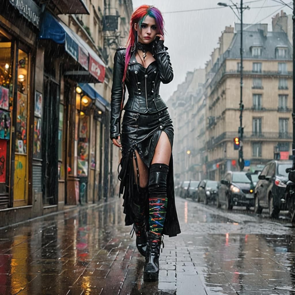 Cyber Goth Woman in Rainy Paris Street