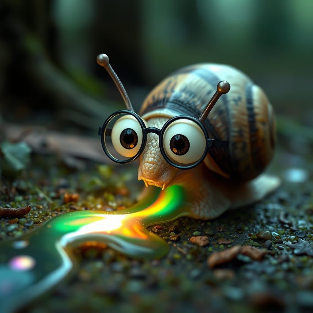 A strange snail with large curious eyes wearing glasses is looking at a shimmering slime trail on the forest floor