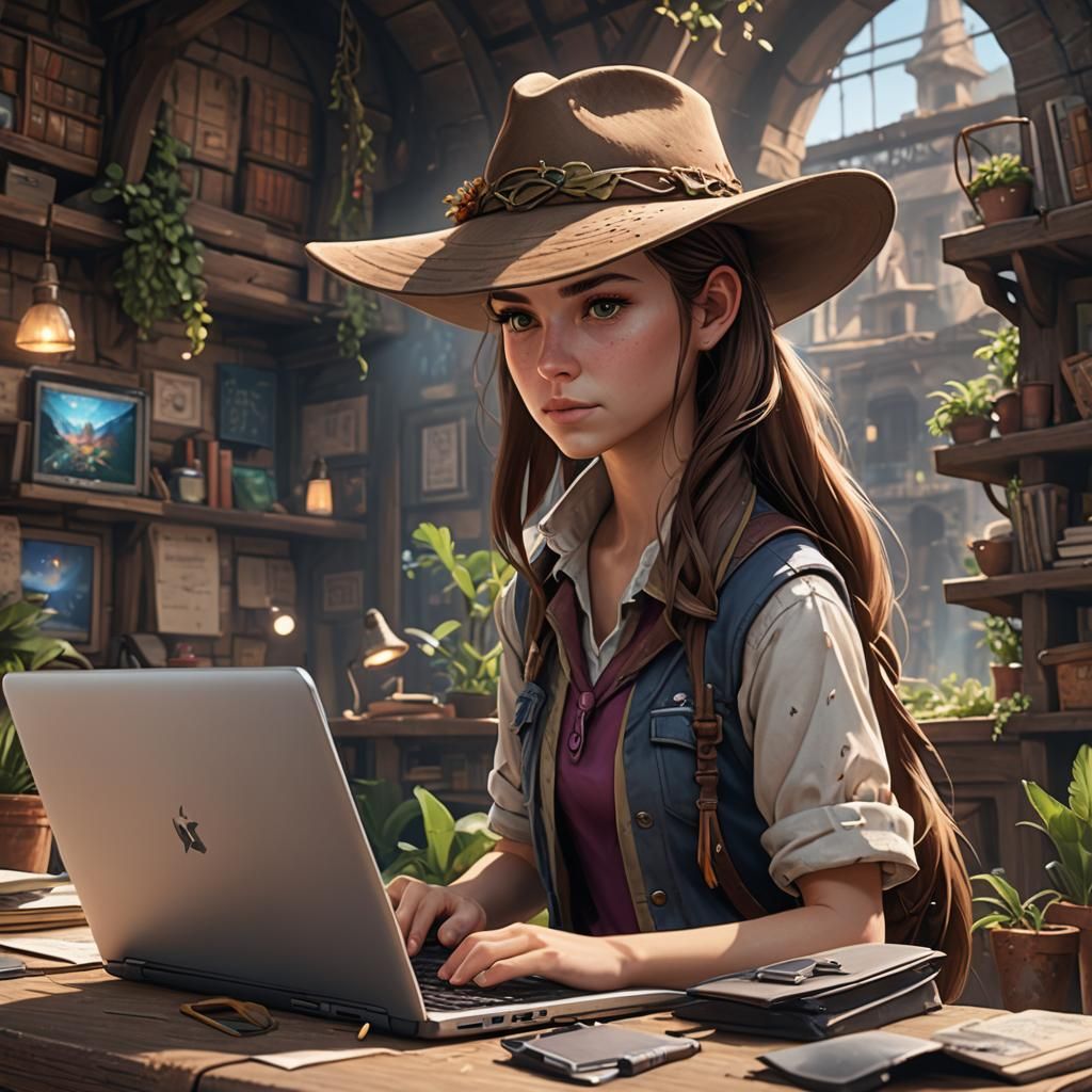 Schoolgirl with Laptop: Detailed Matte Painting
