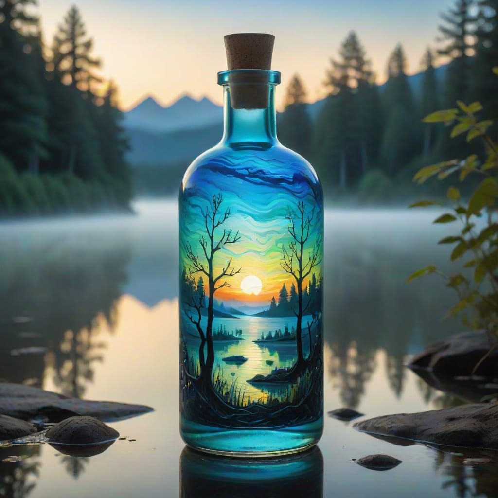 Surreal Dreamscapes in Glass: Glowing Bottle of Whispers