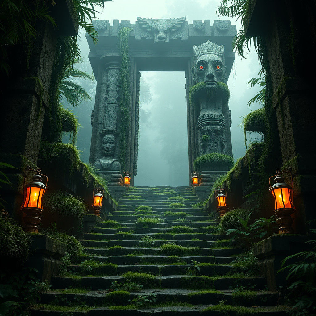 Mystical Jungle Temple with Stone Guardians