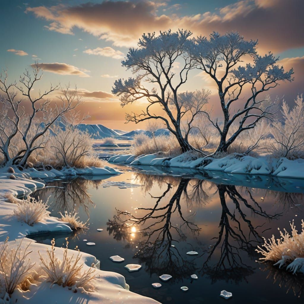 Arctic Tundra with Windswept Trees in Digital Art