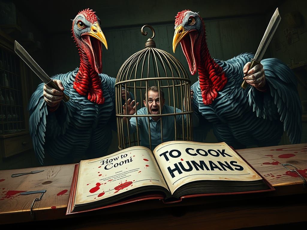 Menacing Turkeys with Knives Trap Terrified Man
