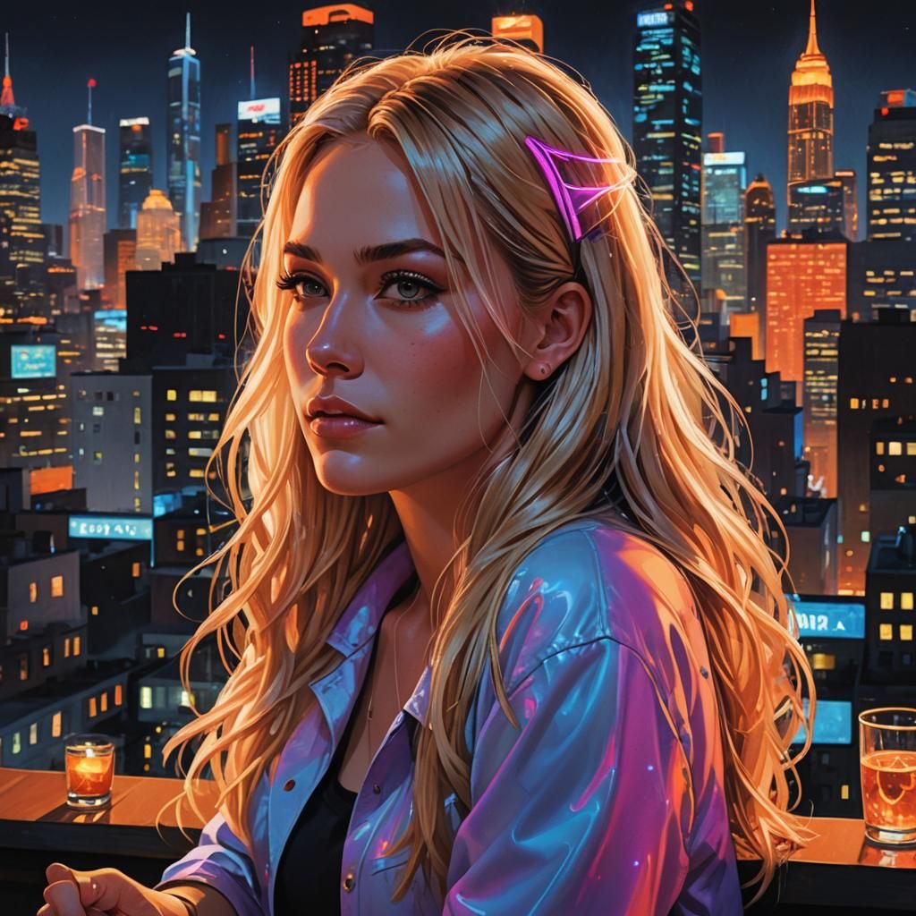 Neon Cityscape: Western Girl at Rooftop Bar