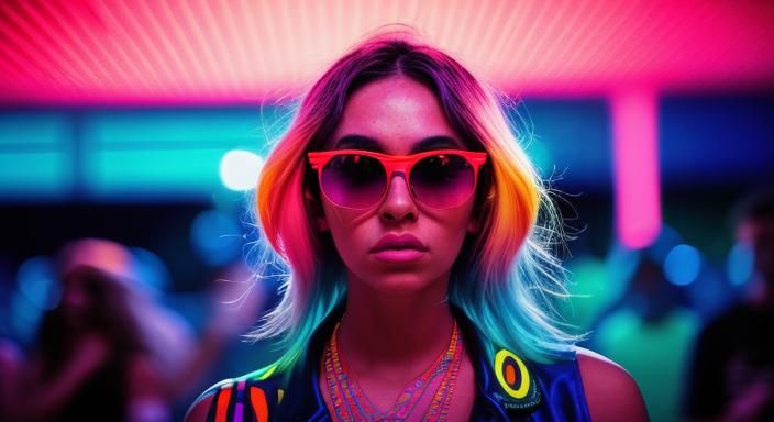 Woman Dancing in Ibiza Nightclub with Neon Lights