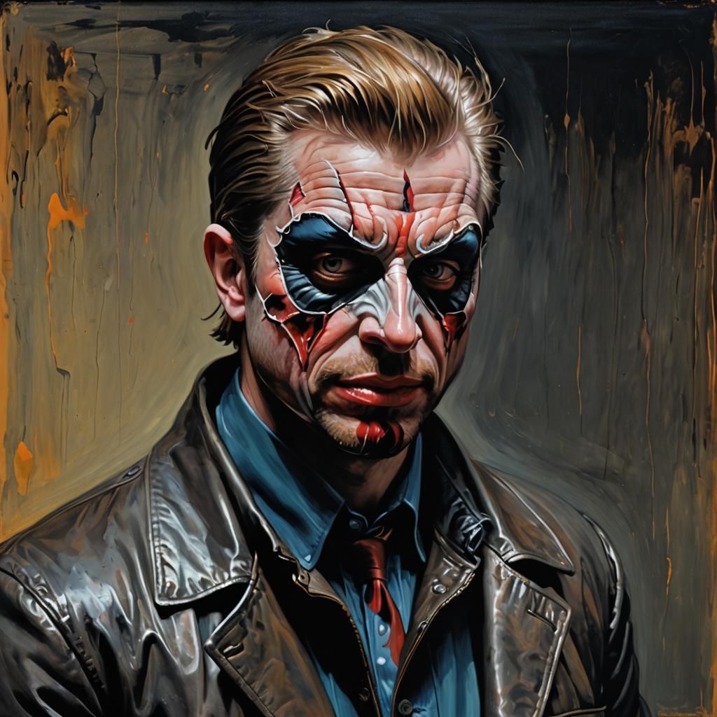 Man Removing Mask: Concept Art in Bacon Style